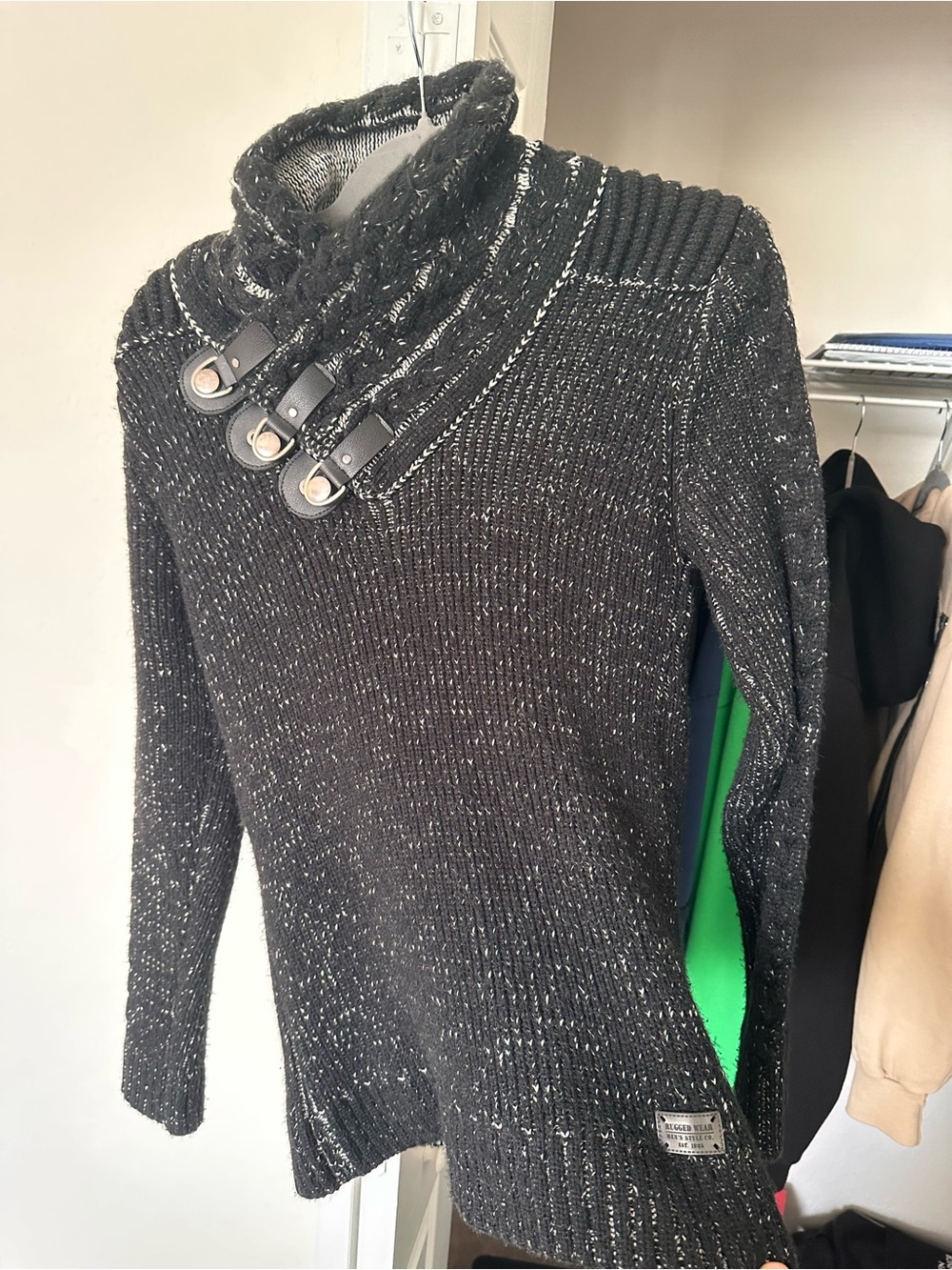 NEW- Black Speckled Funnel Neck Sweater with Buckle Detail